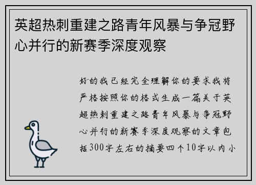 英超热刺重建之路青年风暴与争冠野心并行的新赛季深度观察 英超热刺重建之路青年风暴与争冠野心并行的新赛季深度观察